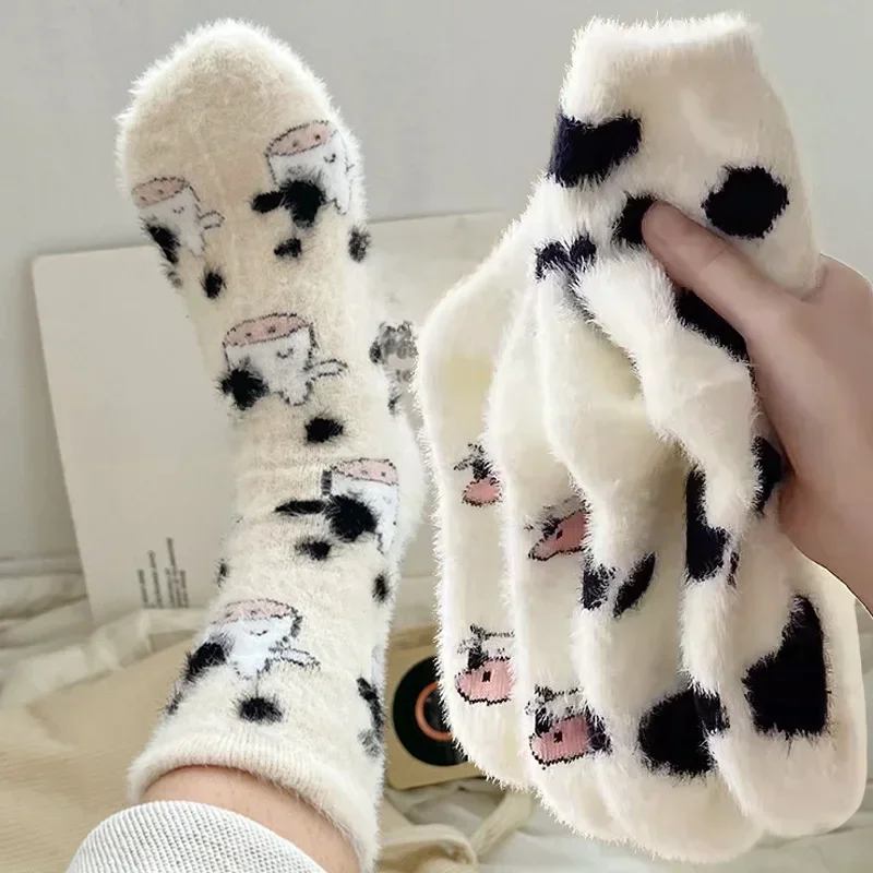 Cartoon Cute Cow Mink Velvet Socks Women Winter Soft Fleece Plush Warm Home Sleep Boot Socks Kawaii