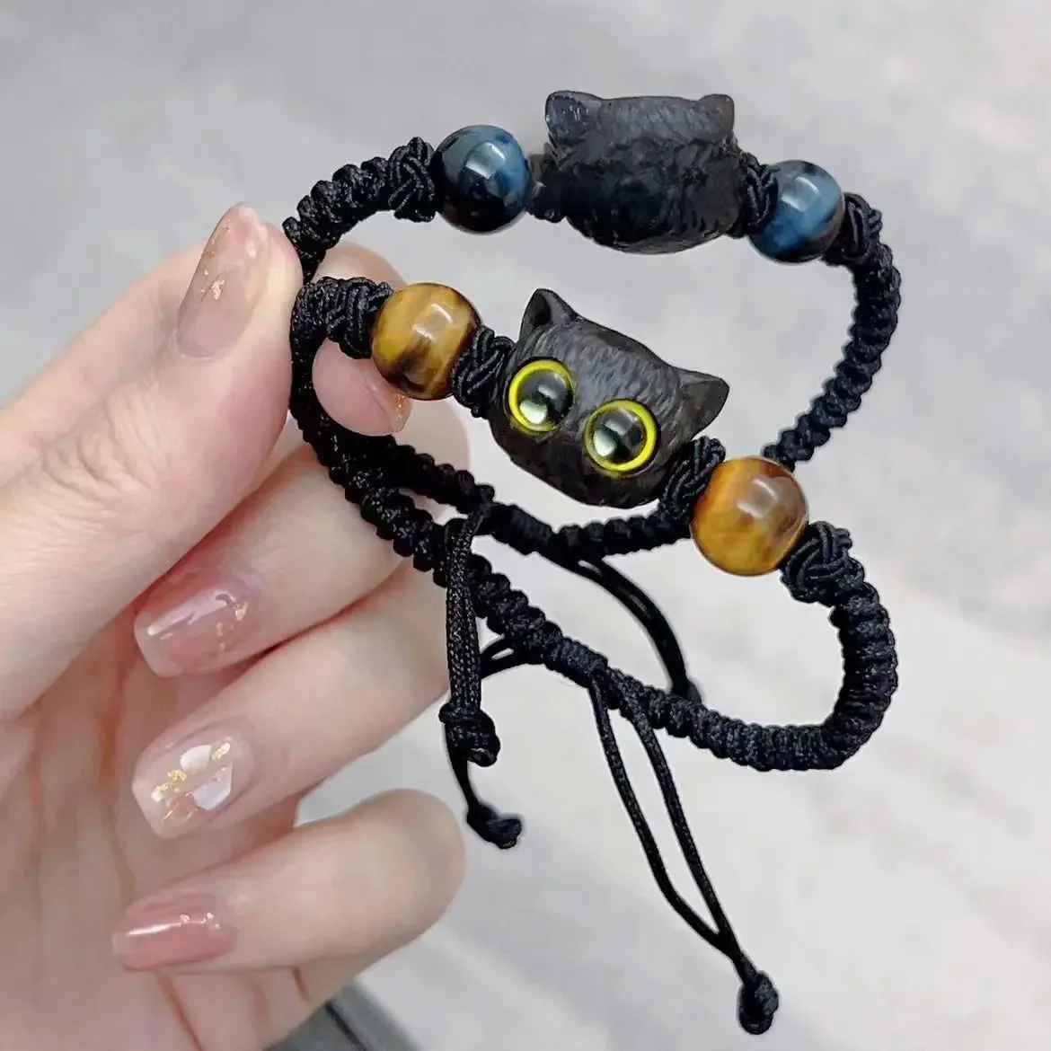 Cute Cat Couple Bracelet Imitation Wood Crystal Braided Children Bracelet Fashion Jewelry Trendy
