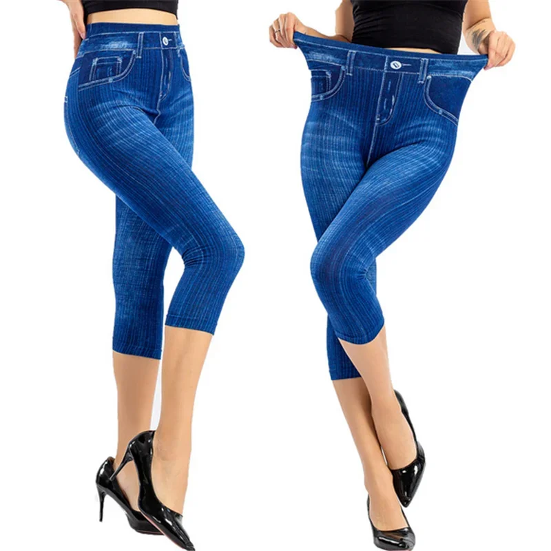 Women Denim Print Leggings Fashion Slim Leggings Faux Jeans Leggings Stretch Printed Short /Long