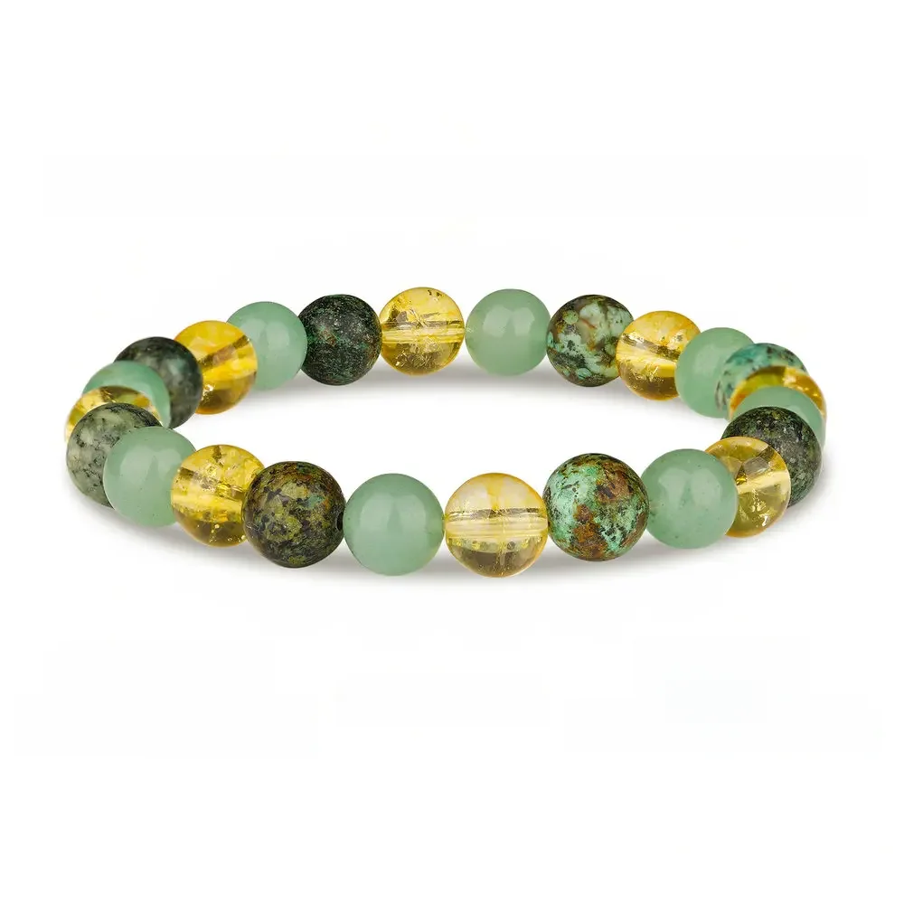 Triple Prosperity Bracelet Citrine Green Aventurine African Turquoise 8 mm Round Prosperity and Good