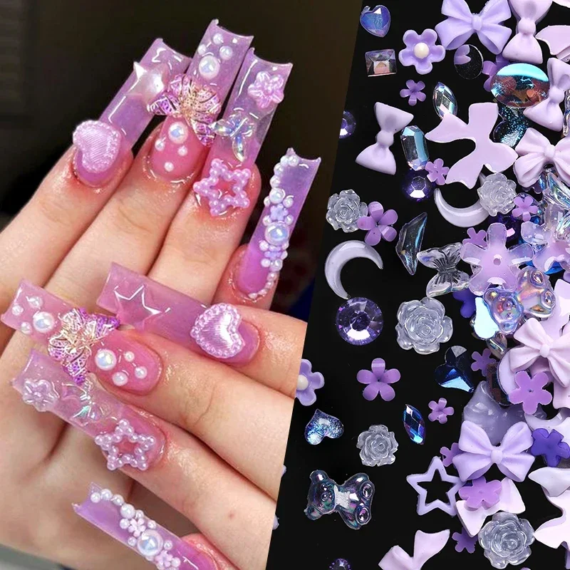 100/200pcs 3D Mixed Nail Decorations Kawaii Heart Flower Bear Pearl Design Rhinestone Nail Art