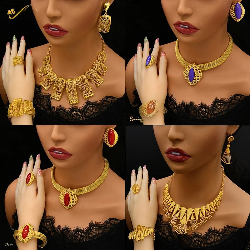 ANIID Dubai Luxury Big Pendant Necklace Sets For Women African 24k Gold Color Indian Arab Wedding