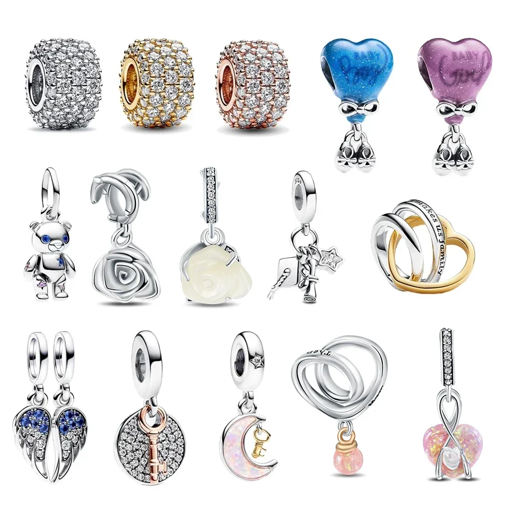 Exquisite 925 Sterling Silver Moon Family Love Key Angel Wings Double Dangle Charm Fit Bracelet