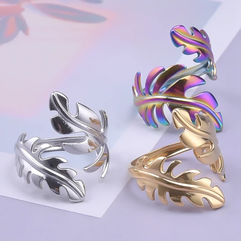 New Personality Leaf Shape Open Adjustable Rings For Women Stainless Steel Fashion Feather Shape