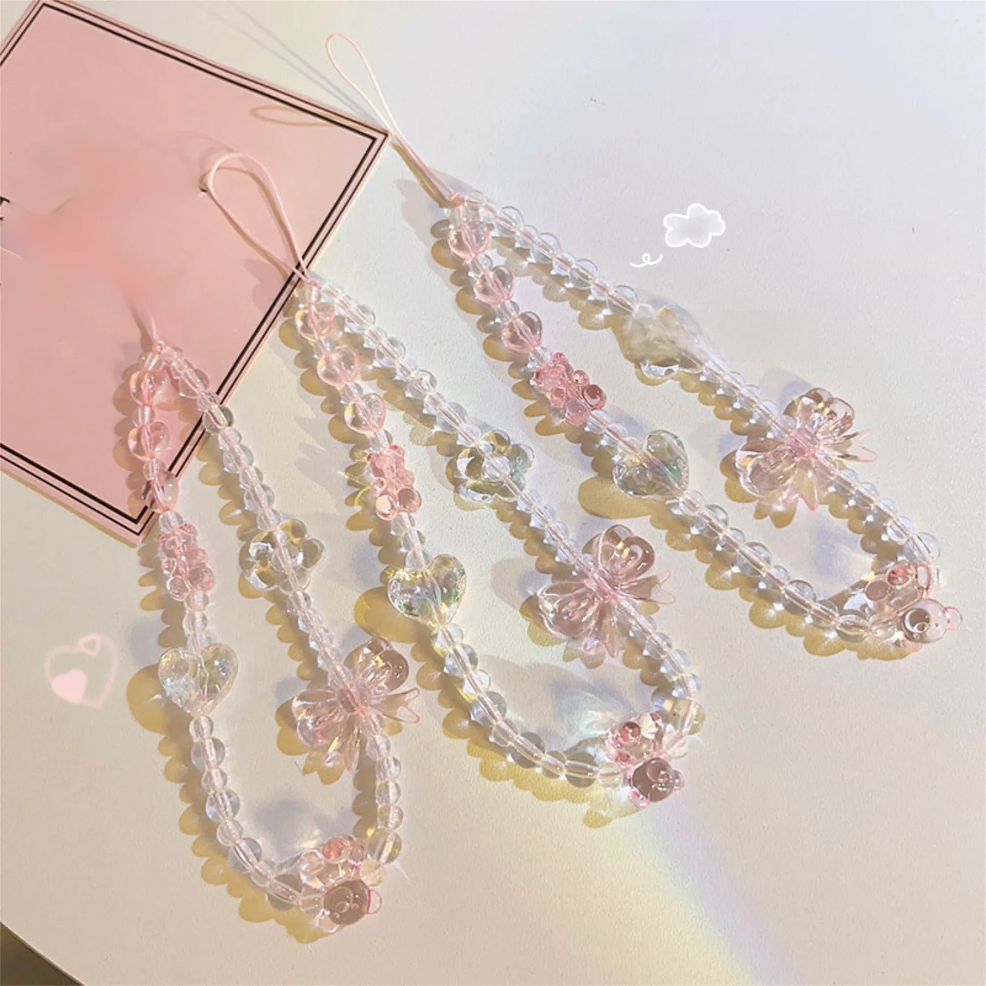 Korean Pink Bear Butterfly Flower Phone Chain Trendy Pendant For iPhone Samsung Universal