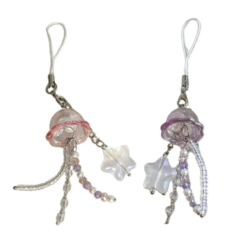 Unique Jellyfish Star Pendant Phone Strap Lanyard Beaded Keychain Strap Backpack Charm Accessories