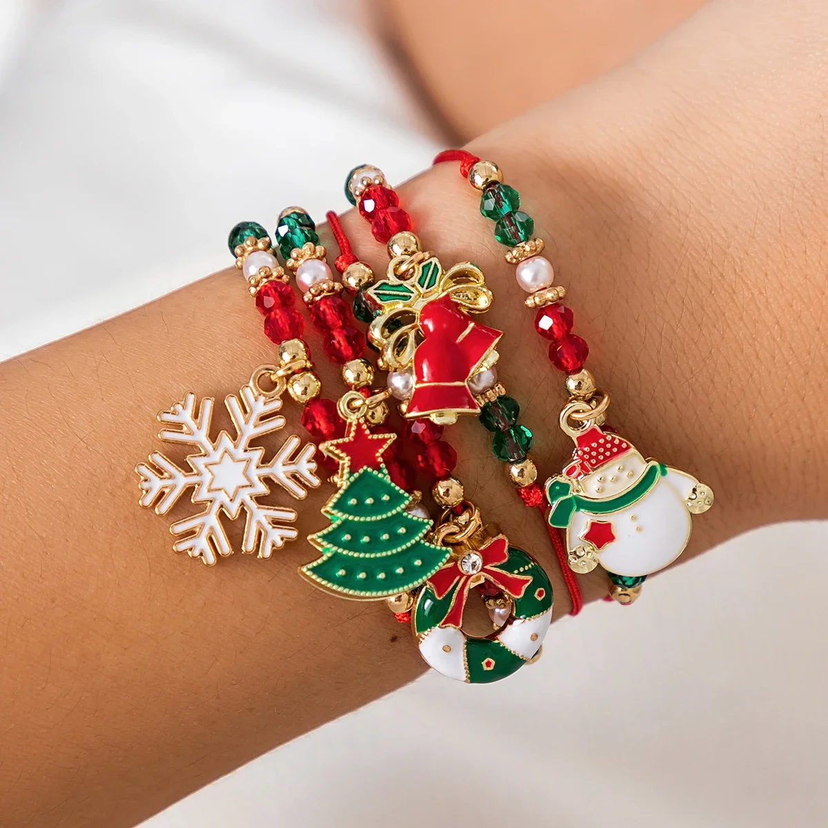 KunJoe 5pcs/set Cute Christmas Series Snowflake Tree Pendant Crystal Bracelet Women CCB Beads