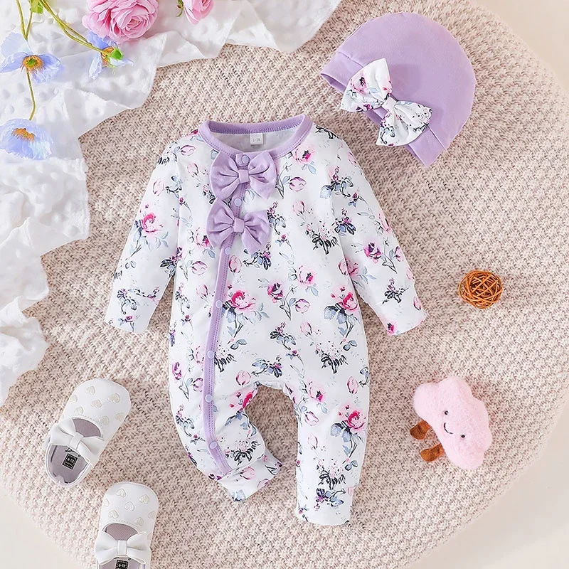 Baby Girl Newborn Onesies Romper 1-18Months Floral Cute bow Clothing Set With Hat Infant Long Sleeve