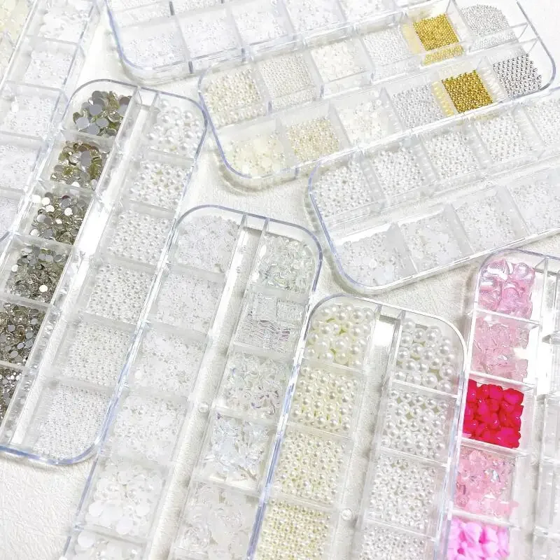 1BOX 3D Mixed Flatback Round Pearls Crystal For Nails Art Decorations Resin Flower Bowknot Nail