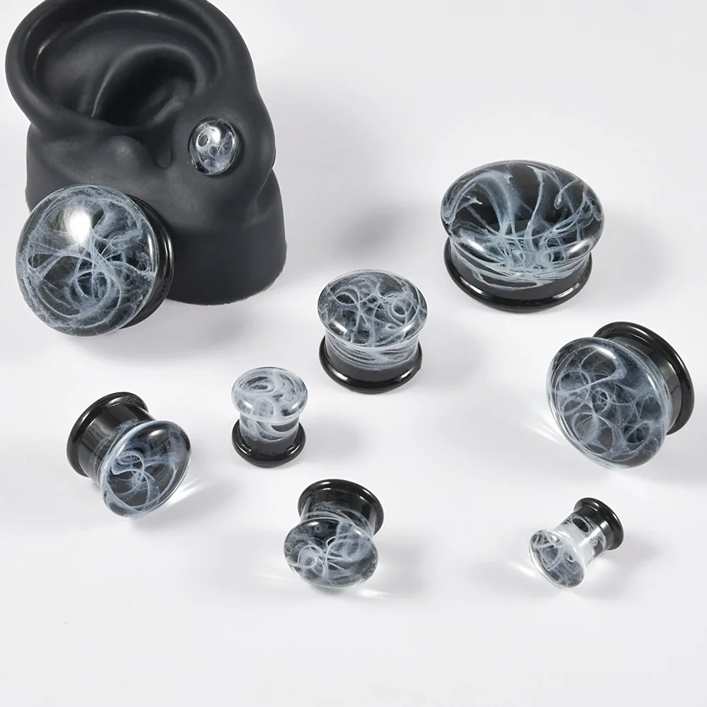 2PCS White Glass Smoky Double Flare Flashback Ear Plug Tunnel Gauge For Men Women Ear Stretching