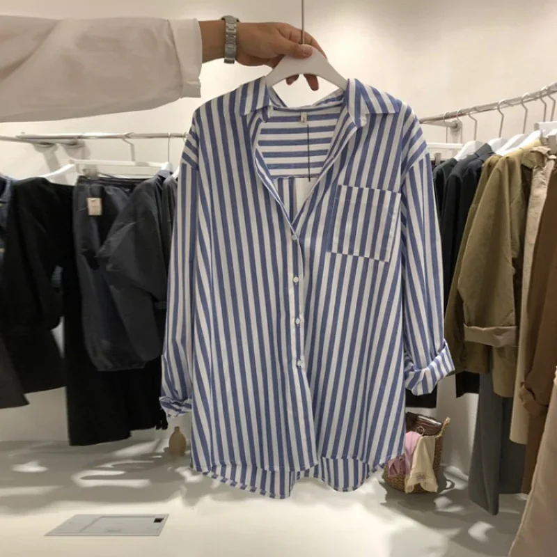 South Korea Dongdaemun Striped Shirt Women's Design Sense Niche 2023 Autumn New Western Style Shirt
