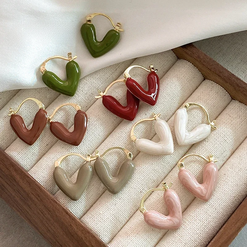 French Romantic Wine Red Enamel Heart shaped Pendant Earrings 2023 Fashion Jewelry For Women's