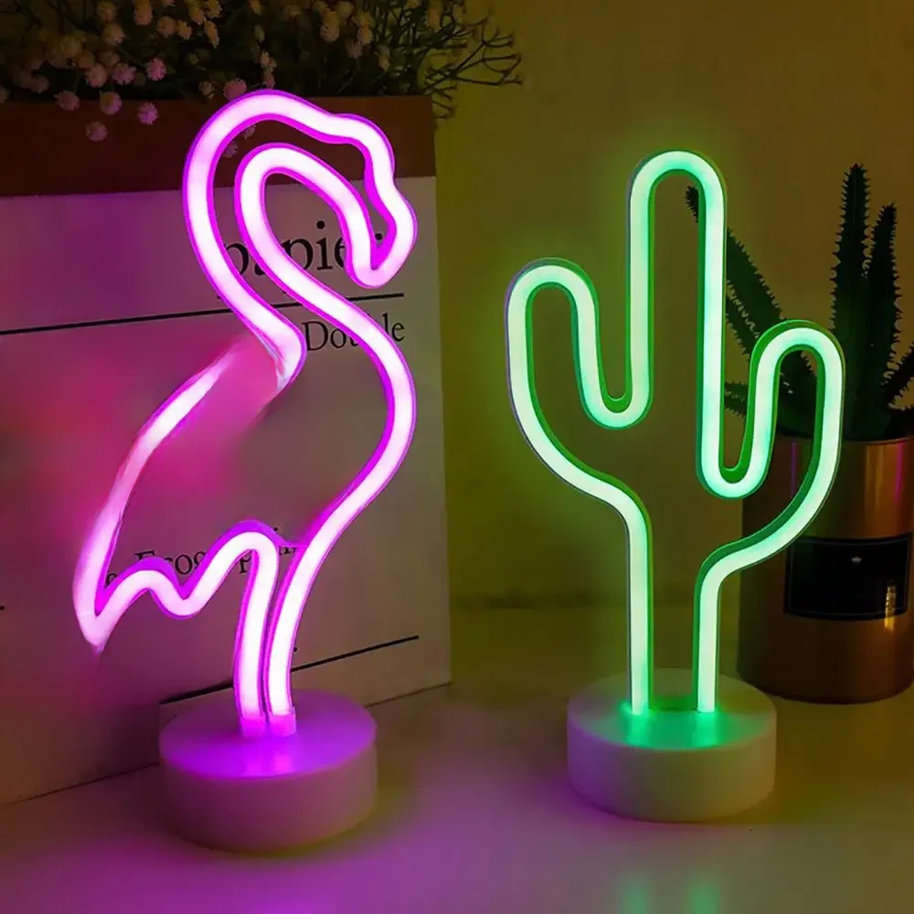 Battery/USB LED Neon Night Light Sign Flamingo Unicorn Coconut Tree Cactus Pineapple Table Lamp Kids
