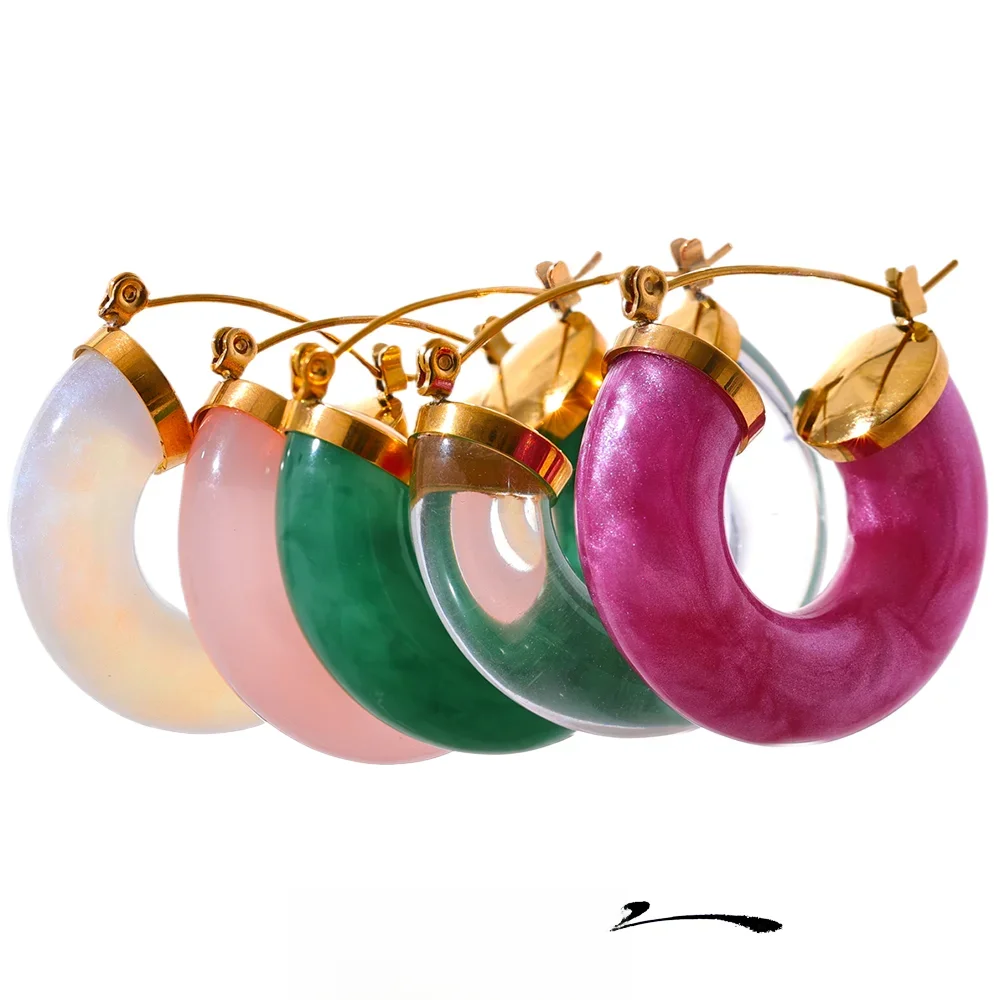 Yhpup New Colorful Resin Stainless Steel Round Y2K Hoop Earrings Trendy Fashion Daily Wear Ear Charm