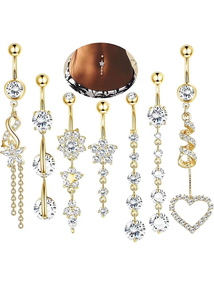 KUNIU 7pcs Fashion Heart Flower Zircon Long Pendant Belly Button Ring Women Body Piercing Belly Ring
