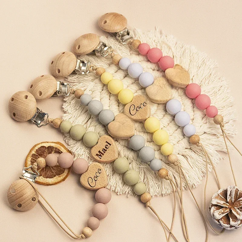 Custom Name Wooden Personalized Baby Pacifier Chain Silicone Bead Dummy Holder Guard Teether Pendant