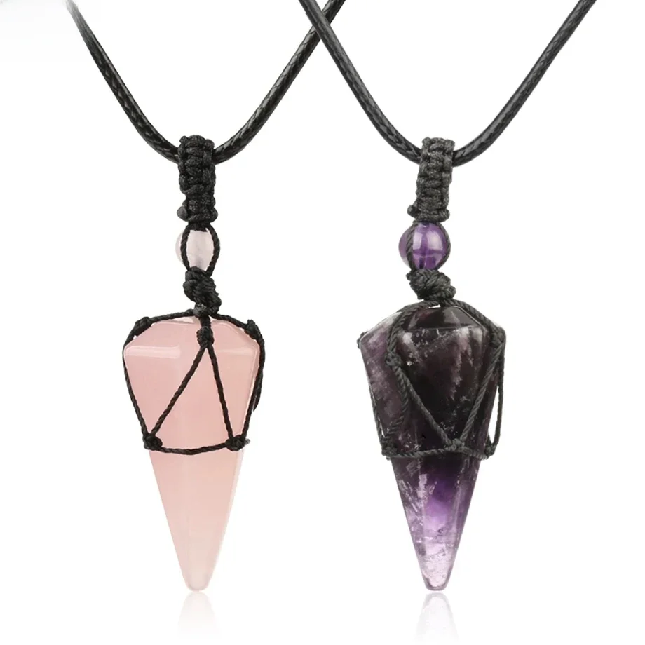 CSJA Natural Stone Crystals Necklace Pendants Roses Crystal Quartz Black Rope Wrap Amethysts
