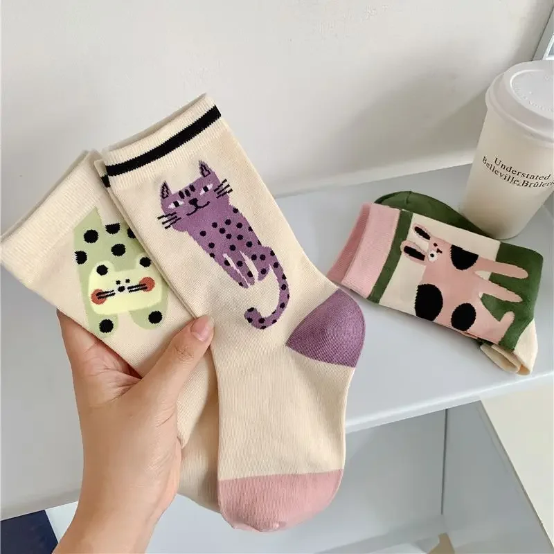 New Cotton Socks Autumn Winter Cute Kawaii Harajuku Street Cartoon Cat Mid-tube Breathable Sweat