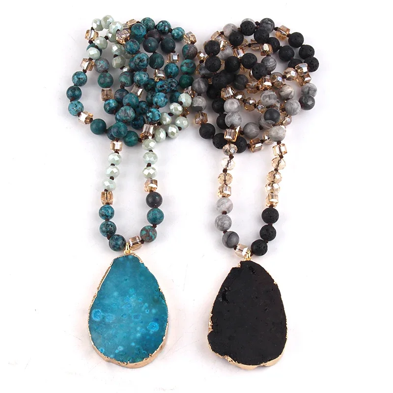 RH Fashion Bohemian Jewelry Accessory 8mm Stone/Glass Knotted Agt Stone Dorp Pendant Necklaces For