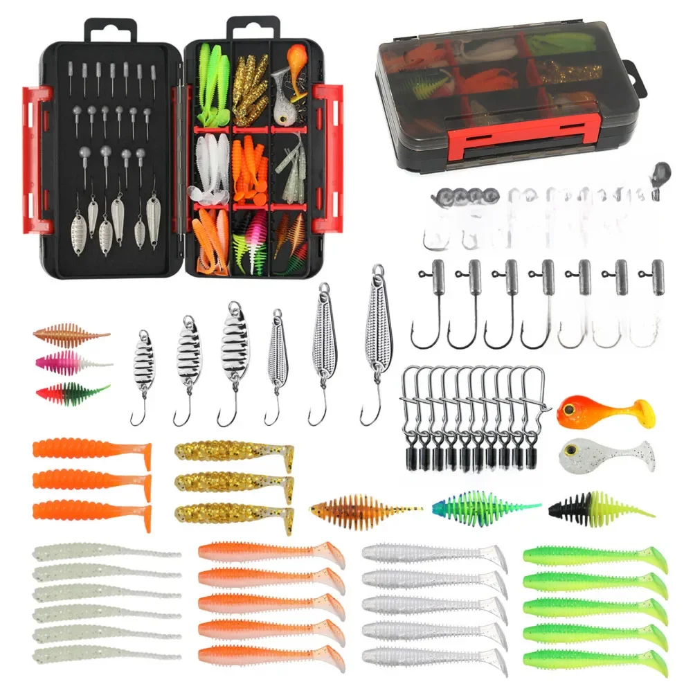 1 Set Fishing Lures Kit With Jig Heads Hooks Soft Worm Bait Suitable For Saltwater Freshwater