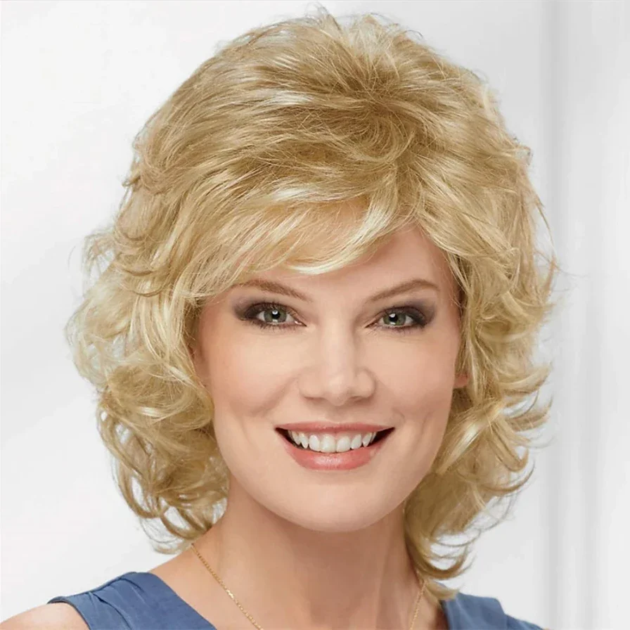 HAIRJOY Women Synthetic Hair Wigs Short Curly with Bangs  Shoulder Length  Blonde Grey White Brown