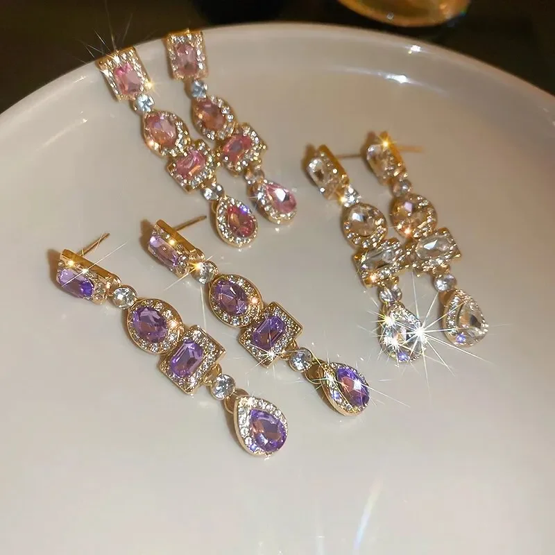 Shiny Colorful Rhinestone Long Tassel Earrings Women Fashion Geometric Square Drop Dangle Earrings