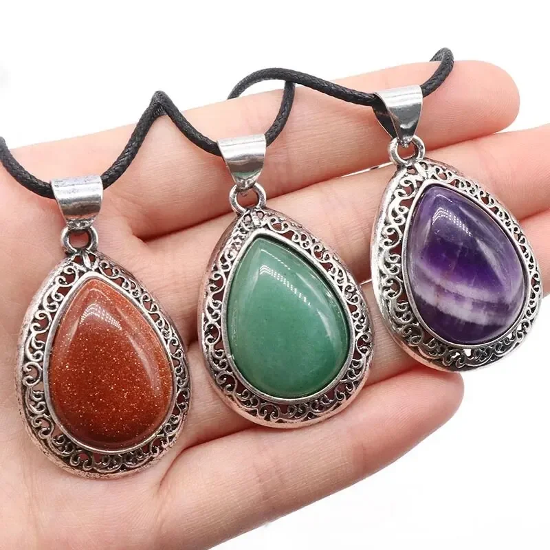 2pcs/Set 39x27mm Natural Stone Crystal Water Drops Pendant Alloy Electroplate Tiger Eye Amethyst
