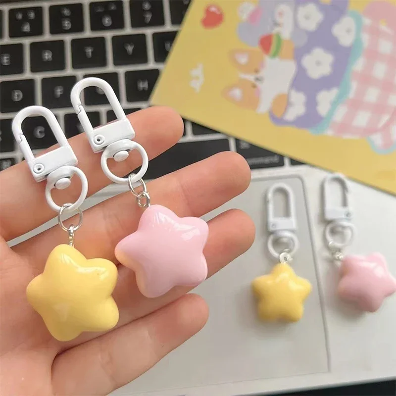 1 PCS Cute Yellow Pink Stars Keychain Pendant Keyring For Girls Backpack Charm Headphone Case