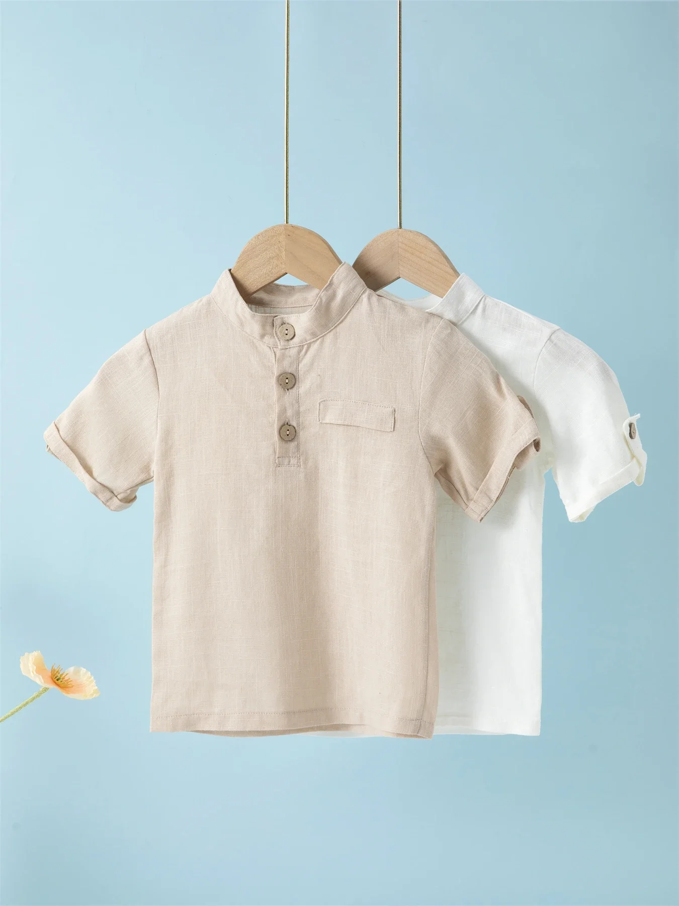 Short Sleeve Polo Shirt for Children Casual Mandarin Collar Solid Color Cotton-Linen Blend Thin