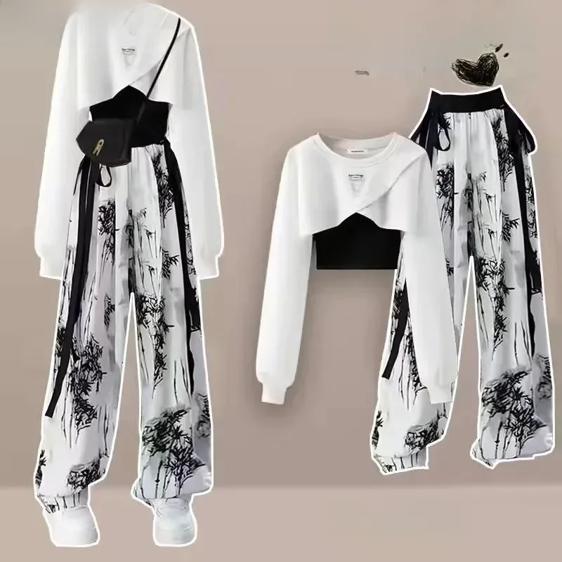 Spring and Autumn Set Women's Korean Design Long Sleeved Top+Tank Top+Ink Wide Legged Pants Three