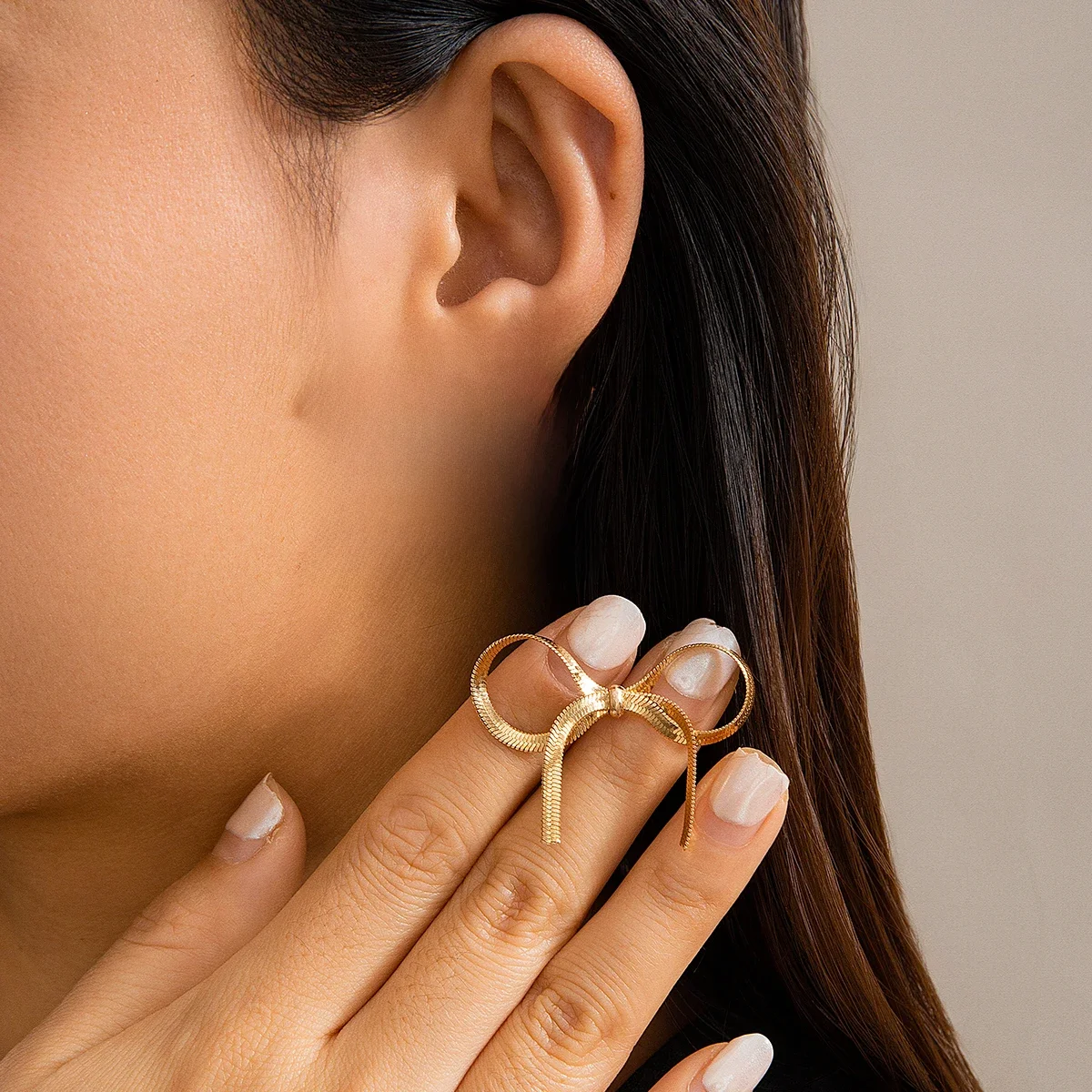 Salircon Korean Simple Snake Chain Bow Stud Earrings Vintage Aesthetics Gold Color Earrings Women's