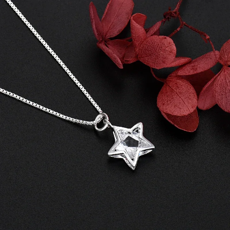 New korean fashion 925 Sterling Silver pretty Shining Crystal Star necklace for Women Party Wedding