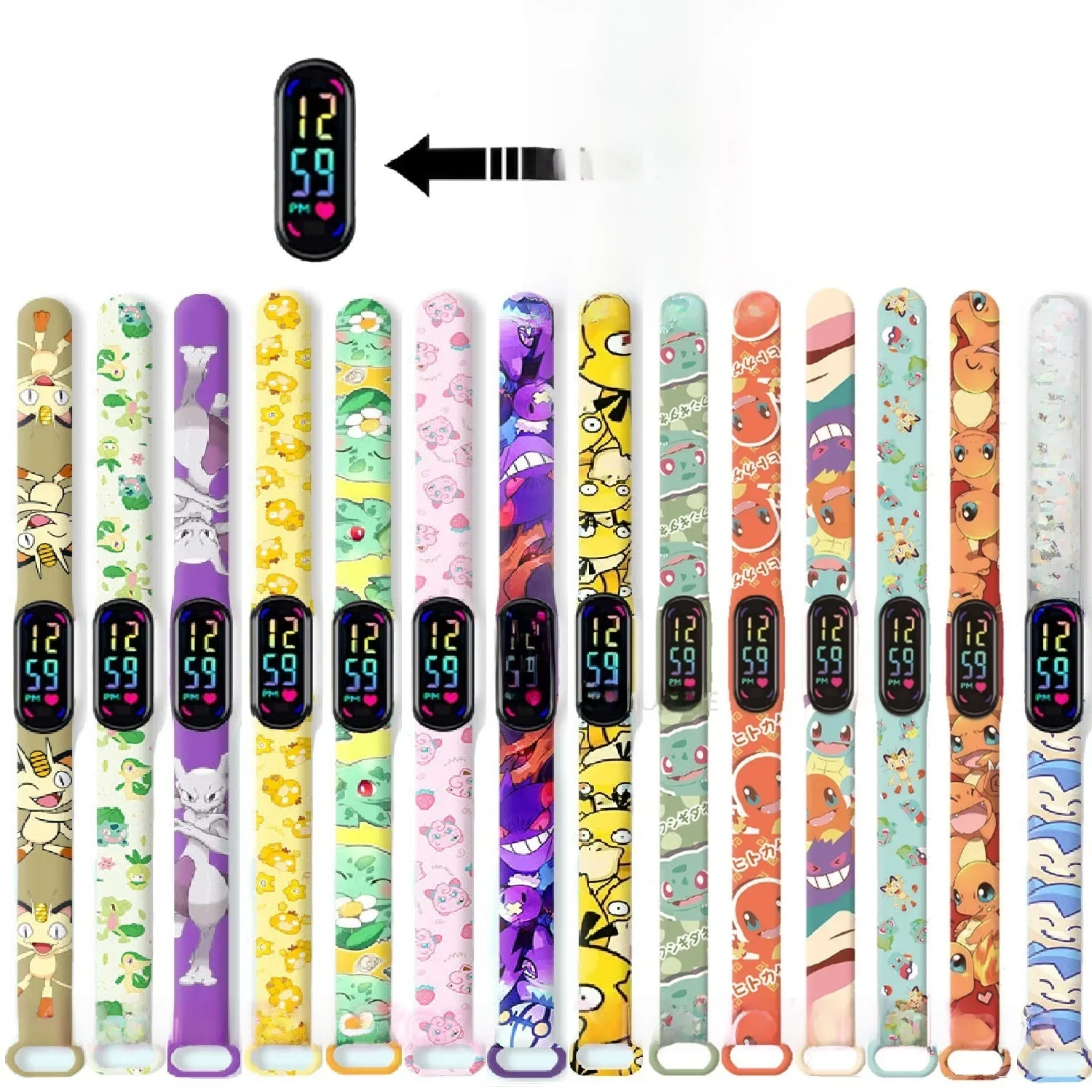 Pokemon Fire Dragon Kabi Beast Mew Two Miao Frog Seed Childrens Bracelet Watch LED Touch Waterproof