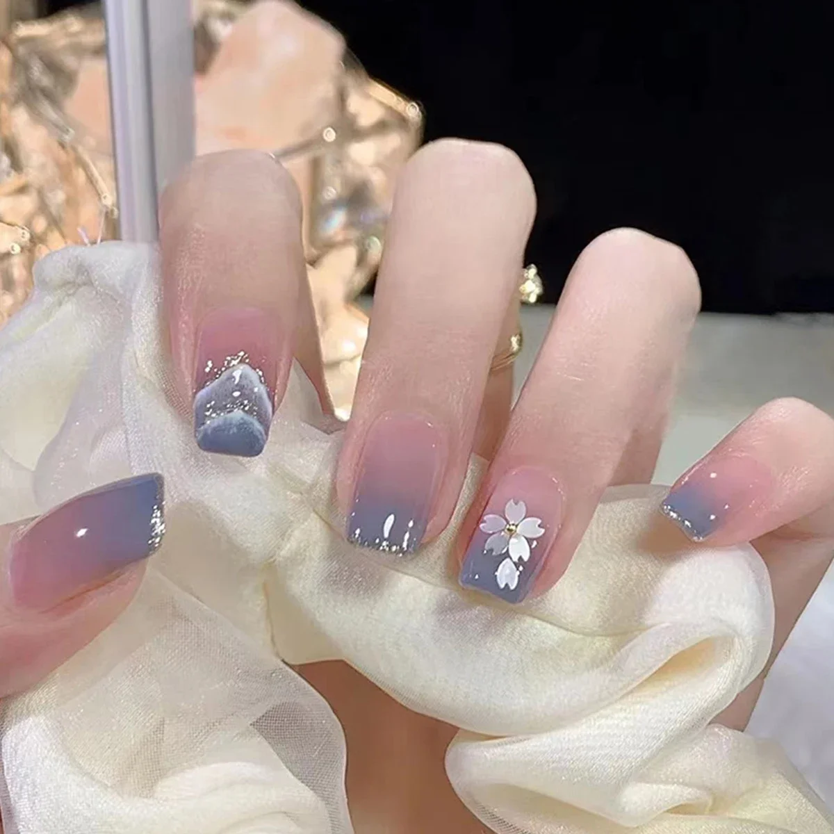 24pcs Y2K Style Gradient Blue Pink Color Fake Nails Dyeing Press On Nails Full Cover Artificial