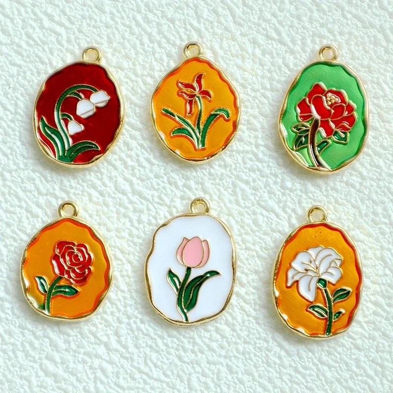 10PCS Charm Flower Card Alloy Enamel Pendant Double Texture Tulip Rose Colorful DIY Necklace