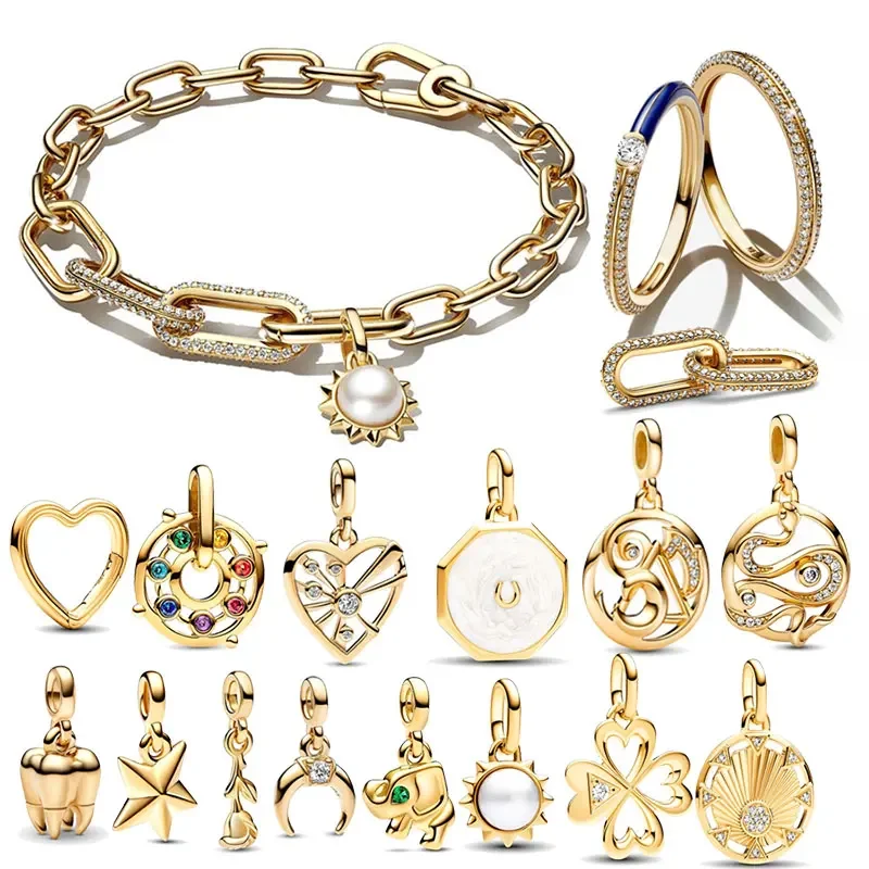 18K Gold Plated 925 Silver Pavé Double Styling Link Heart Four-leaf Clover Dangle Me Charm Fit Me