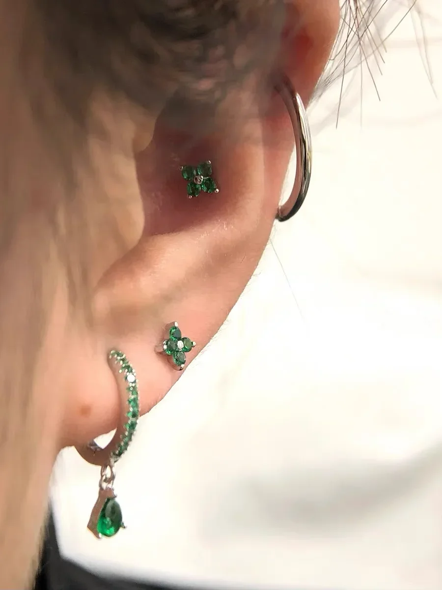 Turquoise 925 Sterling Silver Ear Needle Green Zircon vintage emerald Heart/Flower Pendant Hoop