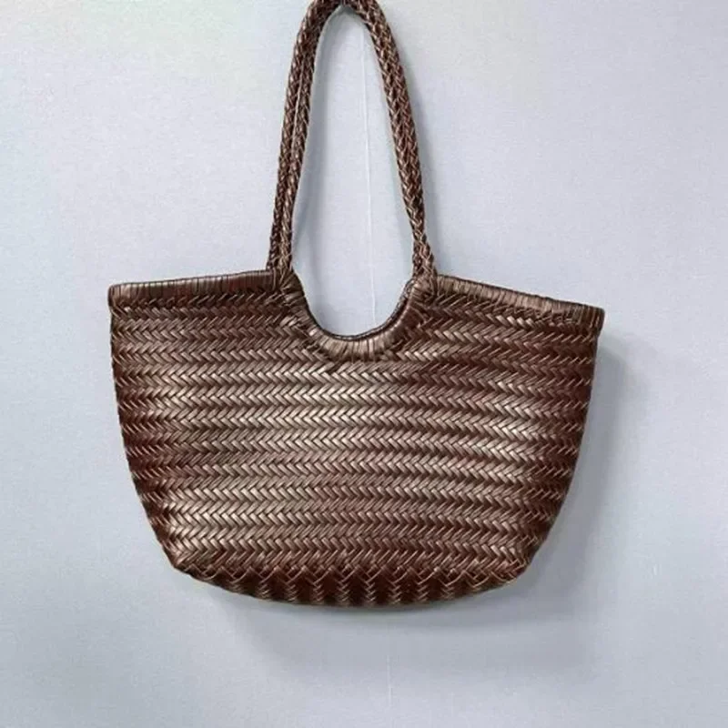 Large size Hand-woven 100% Genuine Leather Woven casual vegetable basket bag Woven Inside Bag