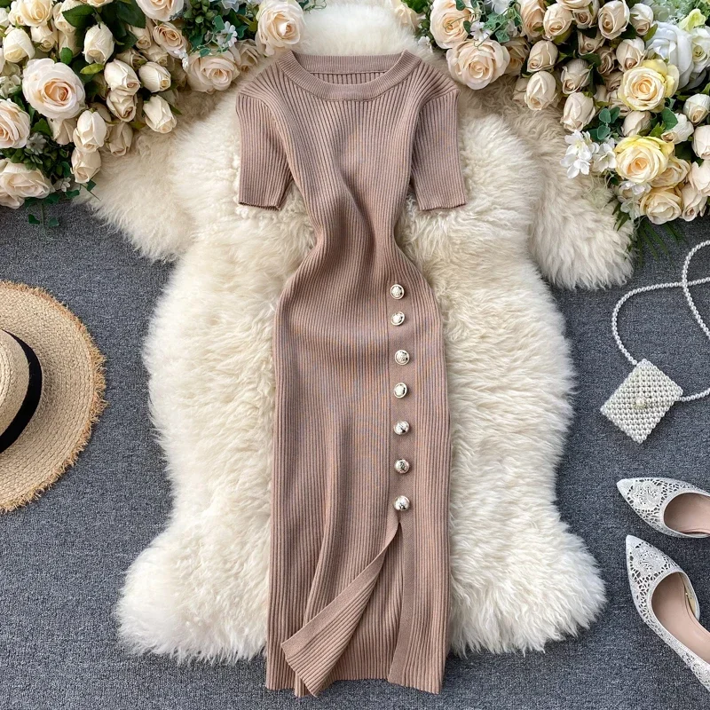 Vestidos Solid Korean Vintage High Waist Women Dress Bodycon Sexy Stretch Knitted 2024 Summer