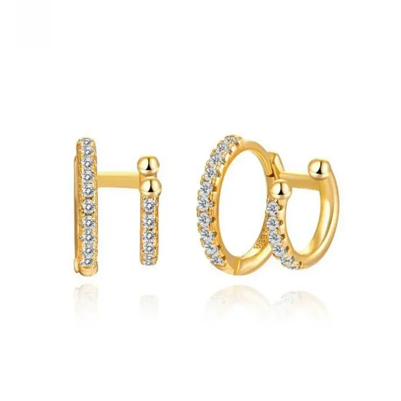 925 Sterling Silver Needle Double Circle Crystal Hoop Earrings For Women Fashion Ear Cuff Earrings