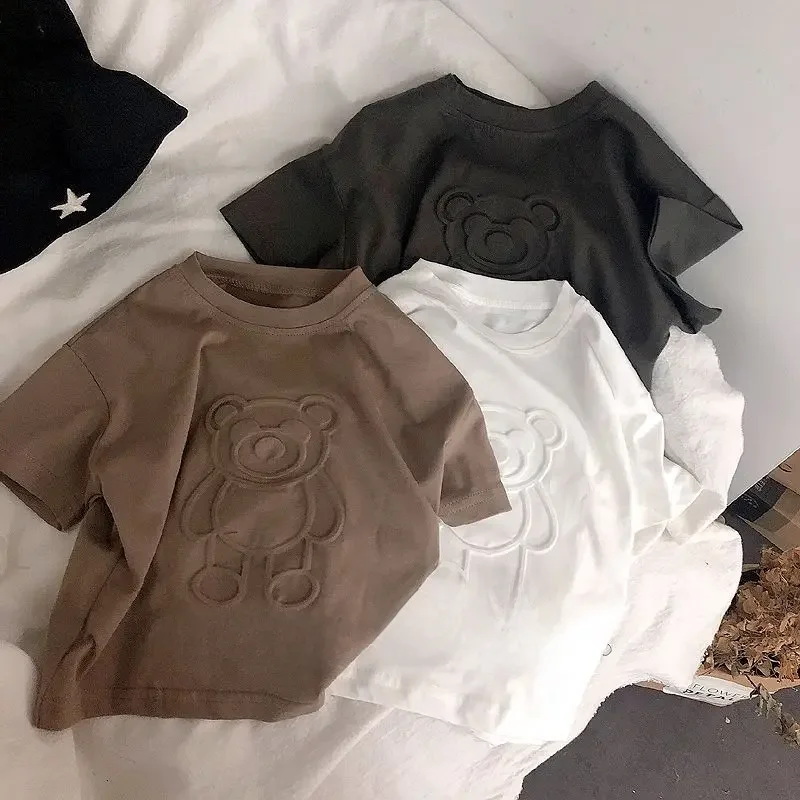 Baby Boy Girl Clothes Summer Cartoon Bear Short Sleeve Tshirt Children Crew Neck Embroidery Top Kid