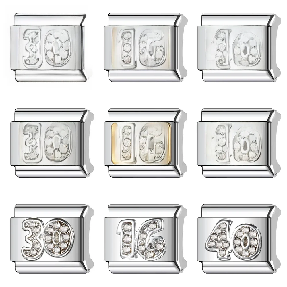 Trusta 2024 New Shiny Zircon Digit Charm Italian Links 9mm Stainless Steel Bracelet for Women DIY