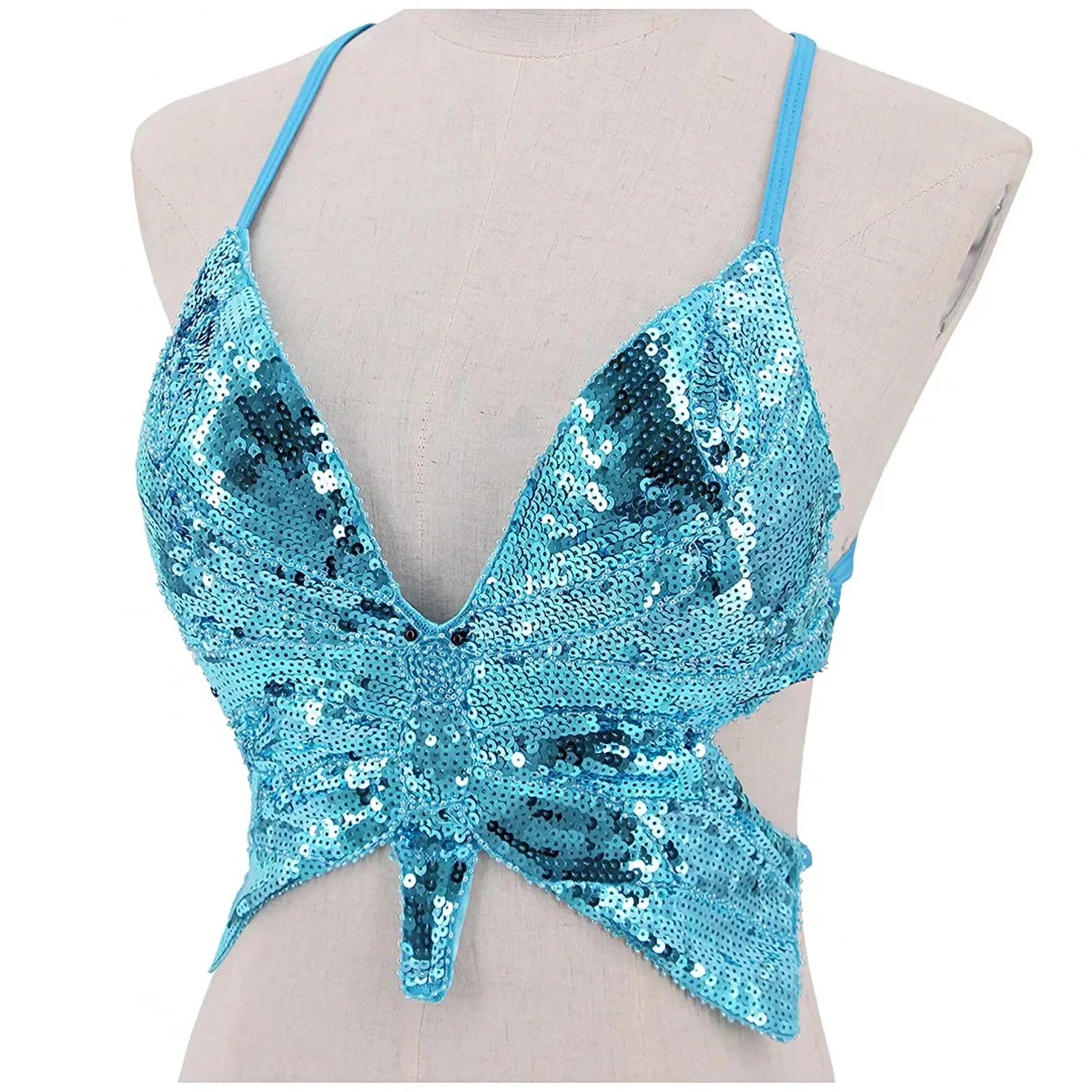 Y2k Butterfly Sequin Crop Top Women Summer Backless V Neck Sexy Club Costume Carnival Festival