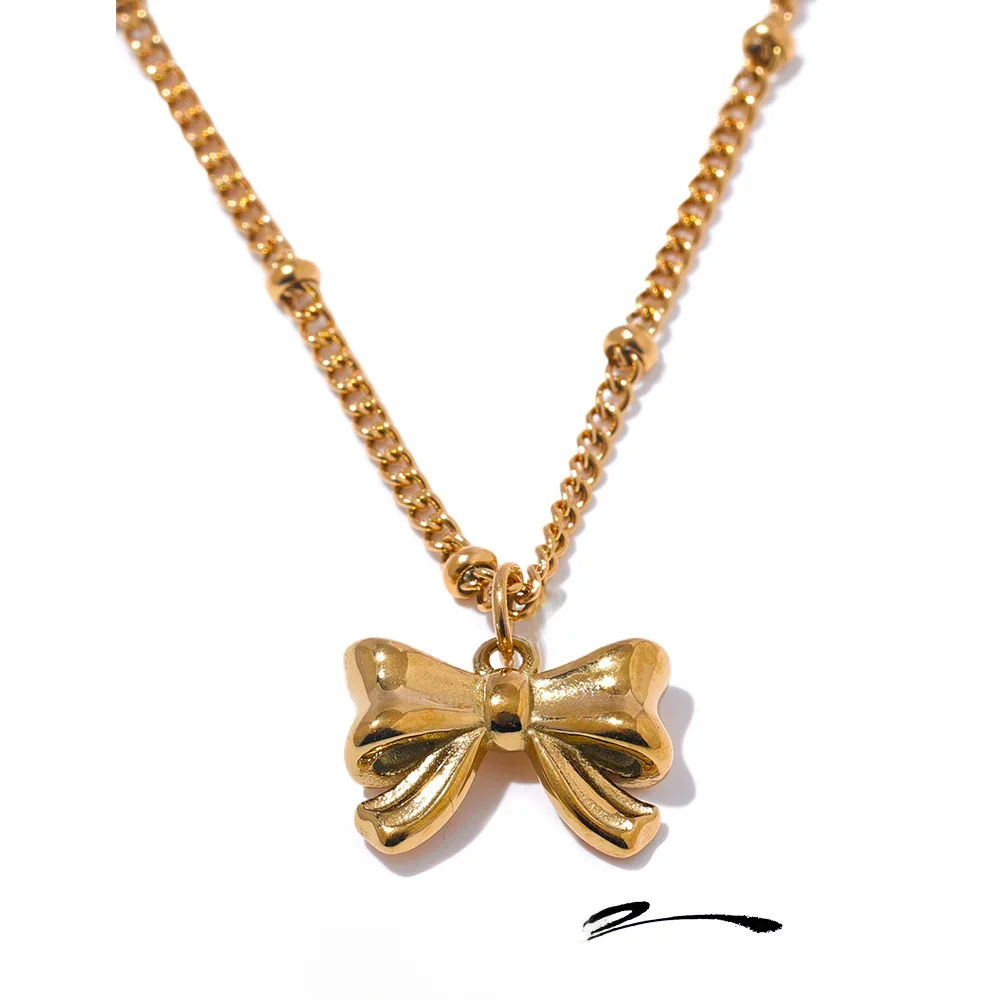 Yhpup Fashion Women's Stainless Steel Bowknot Popular Daily Necklace Pendant 18K Gold PVD Plated