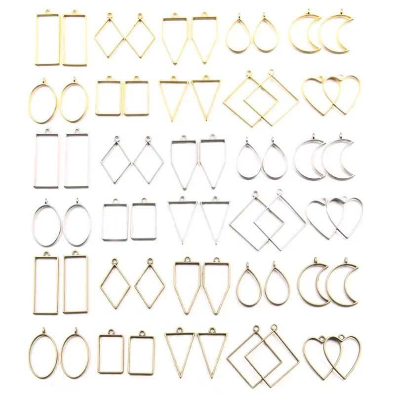 30pcs Metal Geometric Hollow Frame Pendant Charm UV Epoxy Resin Craft Bezel For DIY Jewelry Making