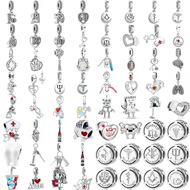 925 Sterling Silver Plated Tooth Dentist Pendant Diy Bead Fit Original Bracelet Women Charms Jewelry