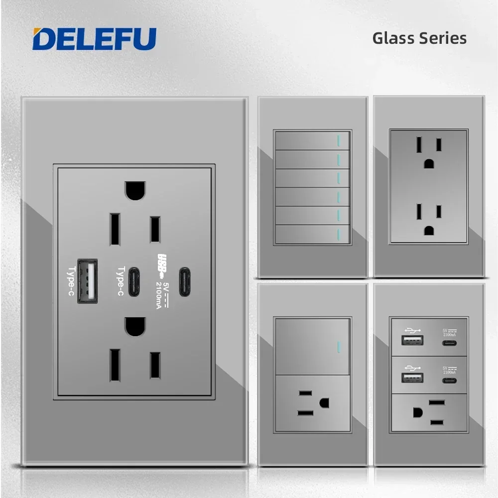 DELEFU Grey Tempered Glass USb Type C US Standard Outlet Mexico America Plug 118*72 Wall Power Socket Light Switch Fast Charge