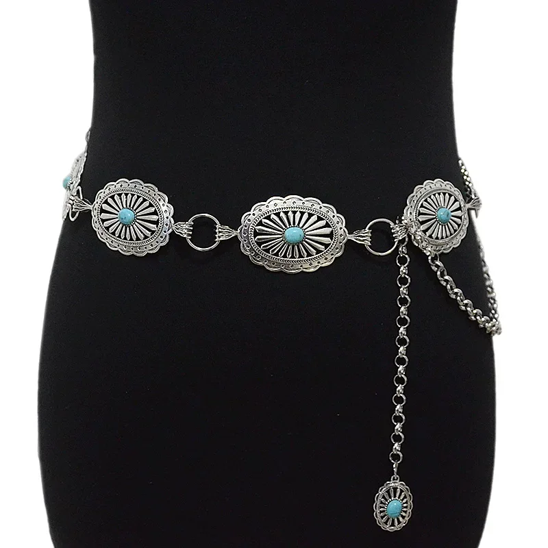 Retro New Women's Belt Casual Retro Oval Texture Buckle Decoration Metal Chain Waist Chain