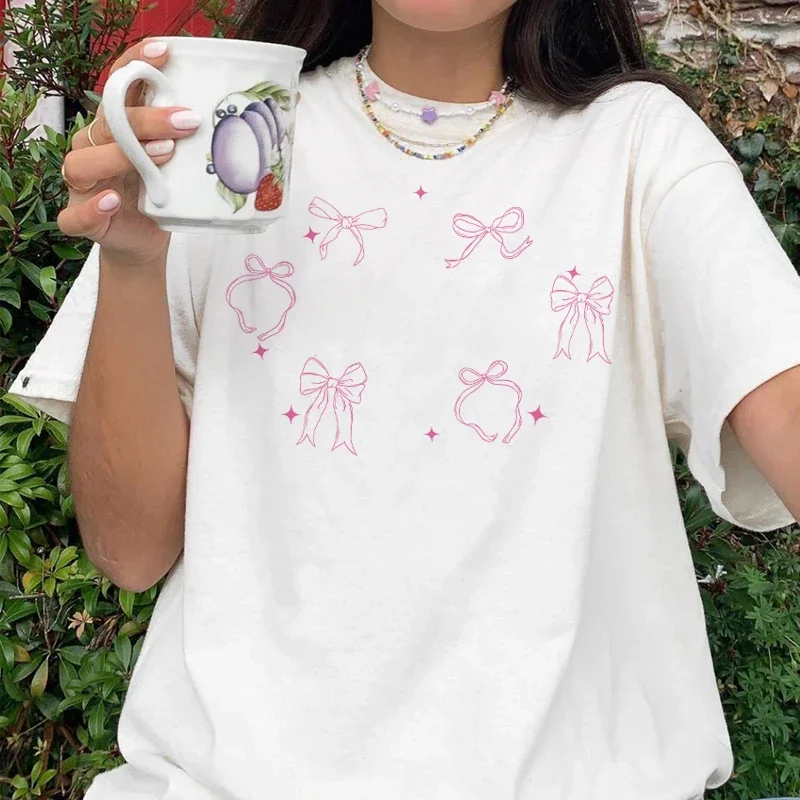 Trendy Cute Coquette Ribbon Bow T-Shirts Women Vintage Y2k Aesthetic Tee Shirt Female Short Sleeve