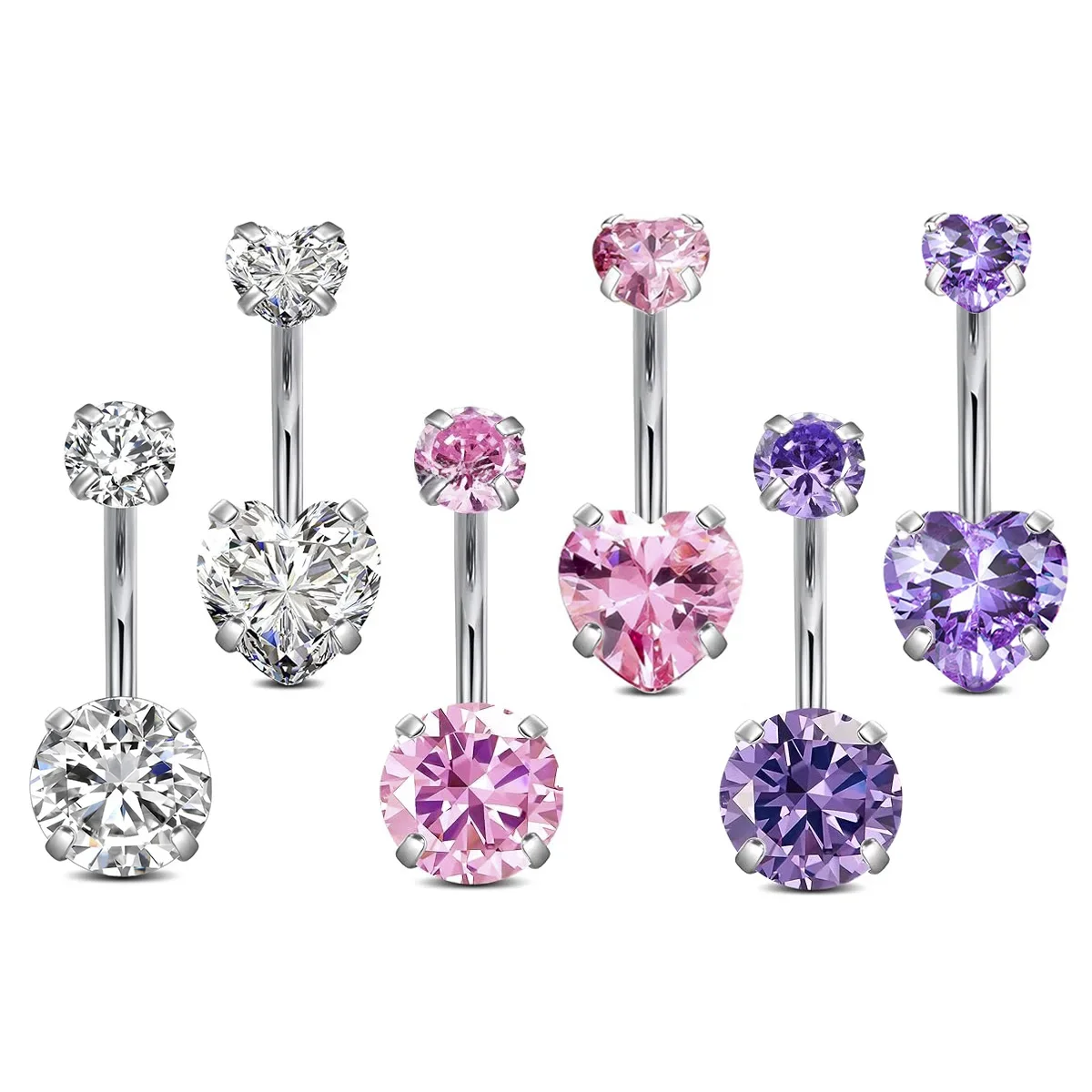 Surgical Steel Heart round CZ Navel Belly Button Piercing Ring14G Pink Purple White Zircon Belly